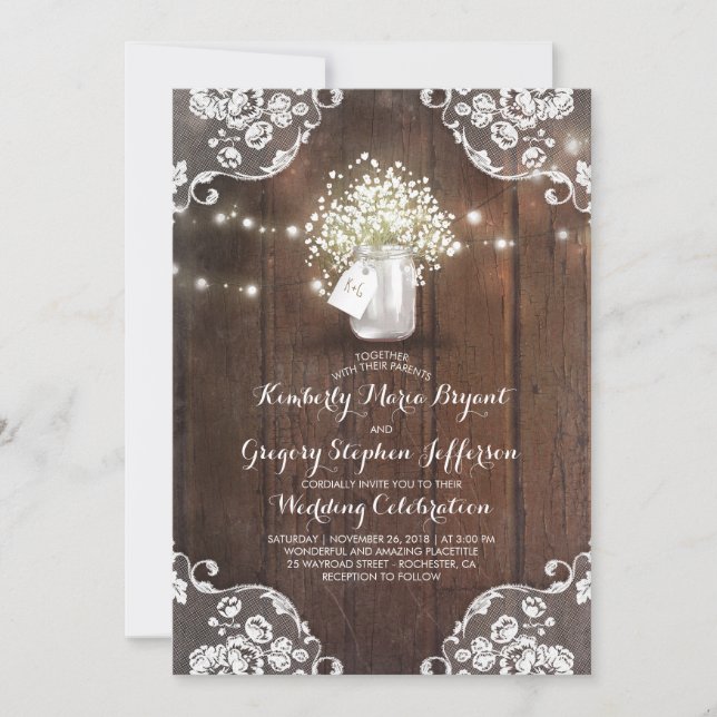 Rustic Baby's Breath Mason Jar Lights Lace Wedding Invitation (Front)