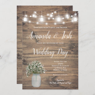 Rustic Babys Breath Mason Jar Lights Wedding Invitation