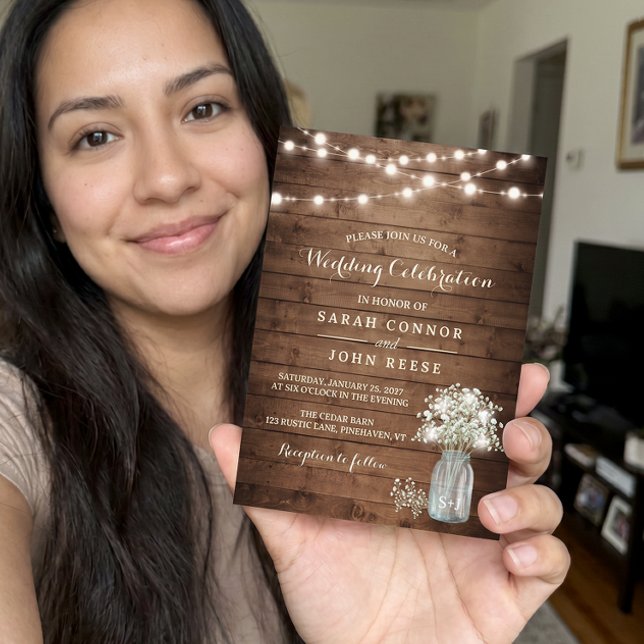 Rustic Baby's Breath Mason Jar Lights Wedding Invitation (Creator Uploaded)