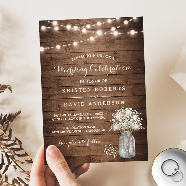 Rustic Baby's Breath Mason Jar Lights Wedding Invitation (Creator Uploaded)