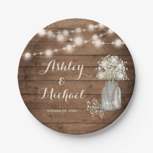 Rustic Baby's Breath Mason Jar Lights Wedding Paper Plate