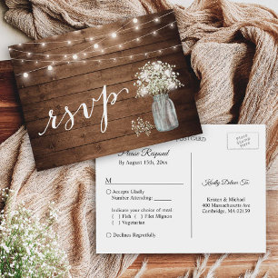Rustic Baby's Breath Mason Jar String Lights RSVP Invitation Postcard