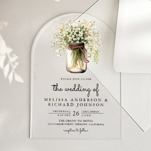 Rustic Baby's Breath Mason Jar Wedding Acrylic Invitations