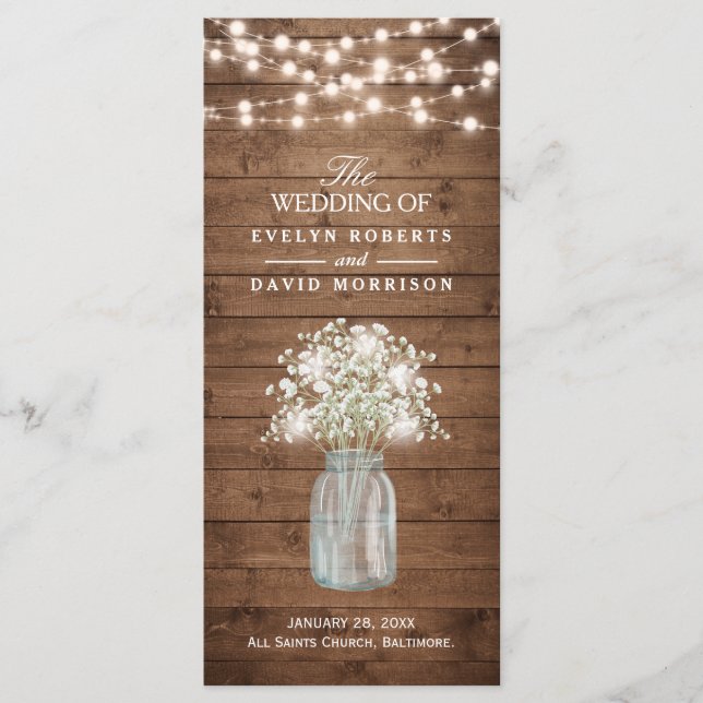 Rustic Baby's Breath Mason Jar Wedding Program (Front)