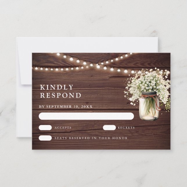 Rustic Baby's Breath Mason Jar Wedding RSVP Card (Front)