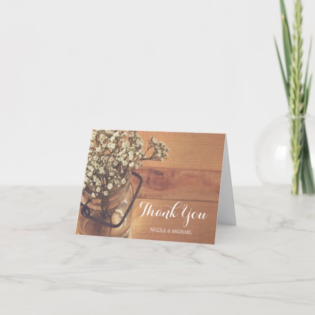 Rustic Baby's Breath Mason Jar Wood Thank You Card (Front)