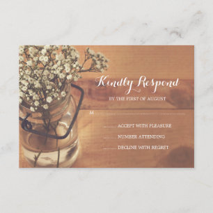 Rustic Baby's Breath Mason Jar Wood Wedding RSVP Card