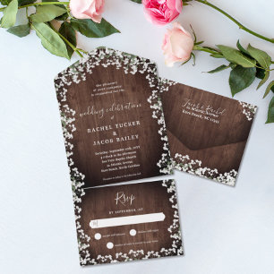 Rustic Baby's Breath on Wood Floral Wedding All In One Invitation