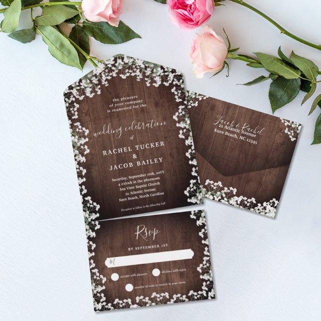 Rustic Baby's Breath on Wood Floral Wedding All In One Invitation (Creator Uploaded)
