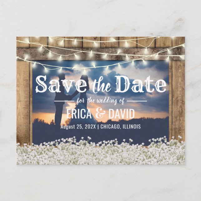 Rustic Baby's Breath Photo Save the Date Announcement Postcard (Front)