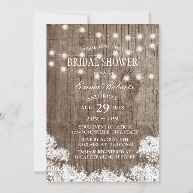 Rustic Baby's Breath & String Lights Bridal Shower Invitation (Front)