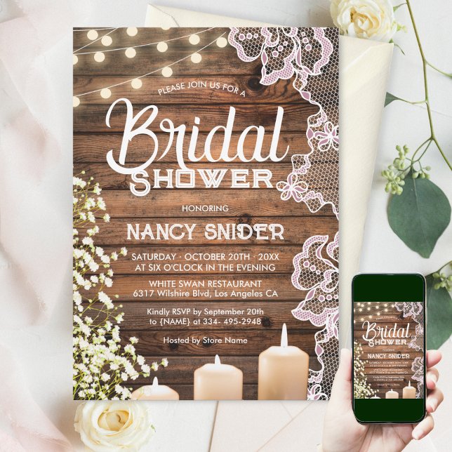 Rustic Baby's Breath String Lights & Lace Bridal Invitation (Creator Uploaded)