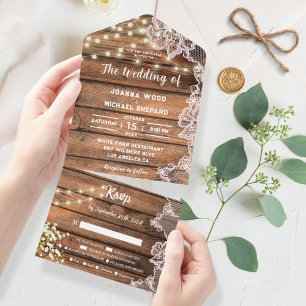 Rustic Baby's Breath String Lights Lace Wedding  All In One Invitation