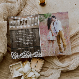 Rustic Baby's Breath String Lights Photo Wedding Invitation