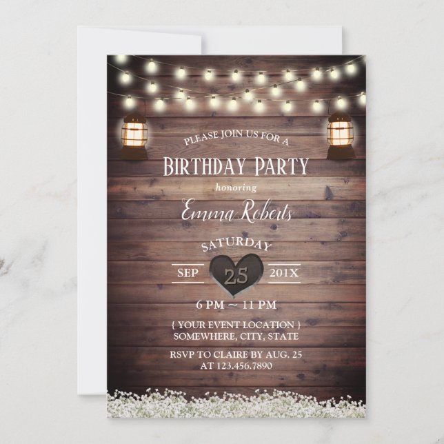 Rustic Baby's Breath Vintage Lantern Birthday Invitation (Front)