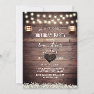 Rustic Baby's Breath Vintage Lantern Birthday Invitation