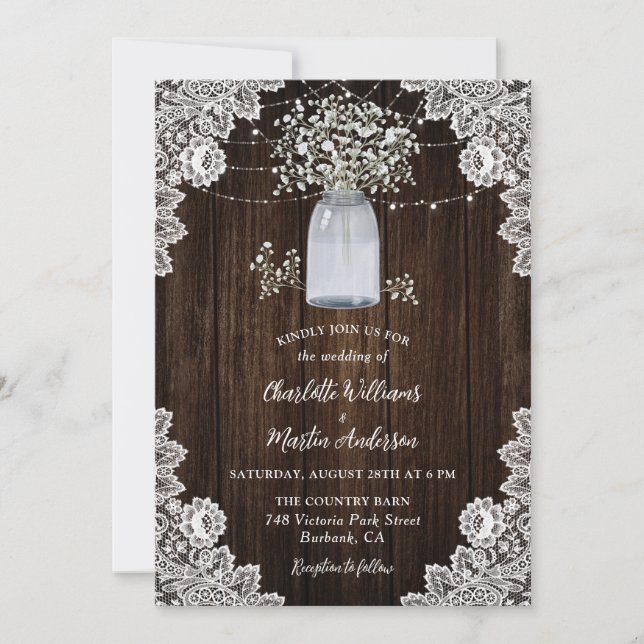 Rustic Baby's Breath Wood Mason Jar Wedding Invitation (Front)