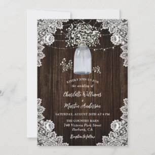 Rustic Baby's Breath Wood Mason Jar Wedding Invitation