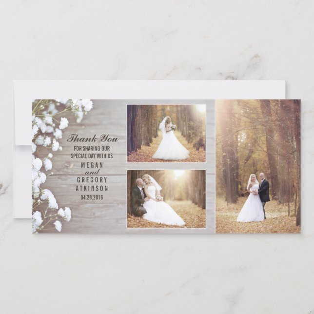 Rustic Baby's Breath Wood Wedding Photo Thank You Card (Front)