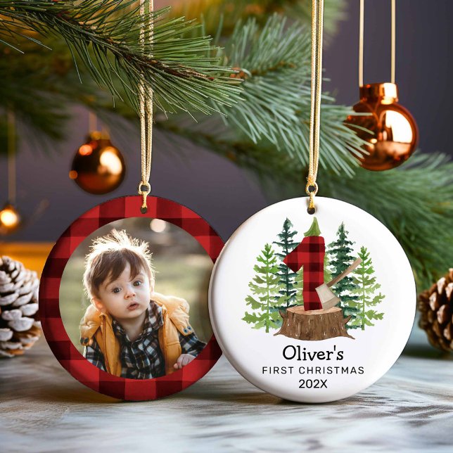 Rustic Baby's First Christmas Photo Ceramic Ornament (1st Christmas Boy Buffalo Plaid Woodland Ornament)