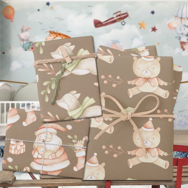 Rustic Baby's First Christmas Teddy Bear Fox Santa Wrapping Paper Sheet (Rustic Kraft Baby's First Christmas Teddy Bear Fox & Santa Holiday Gift Wrapping Paper Sheets Trio )