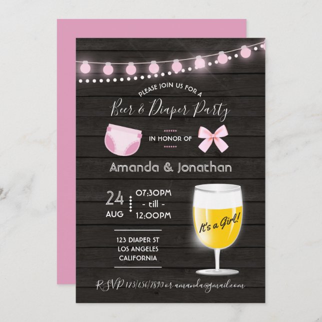 Rustic backyard Beer and Diaper Baby Girl Shower Invitation (Front/Back)