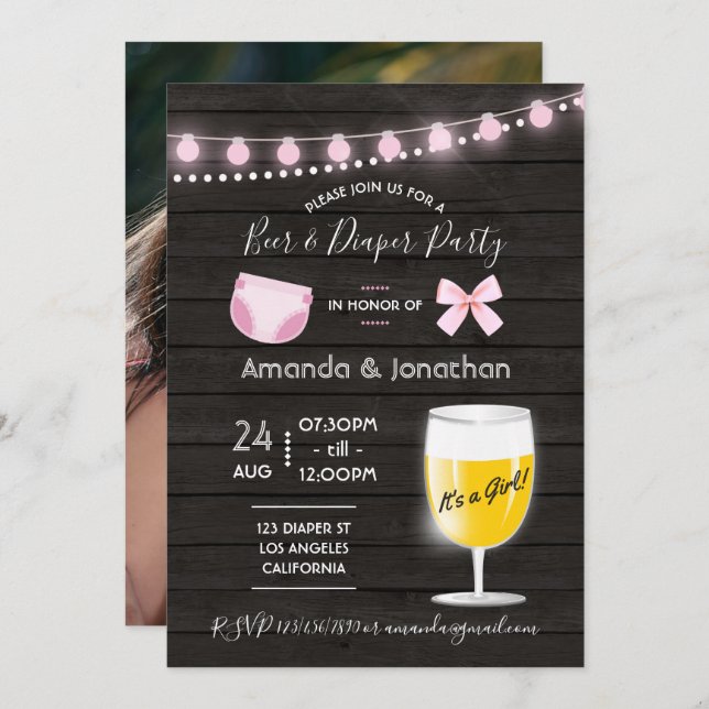 Rustic backyard Beer and Diaper Baby Girl Shower Invitation (Front/Back)