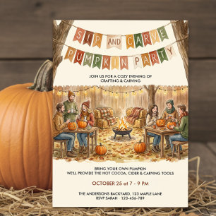 Rustic Backyard Sip and Carve Pumpkin Party Invitation