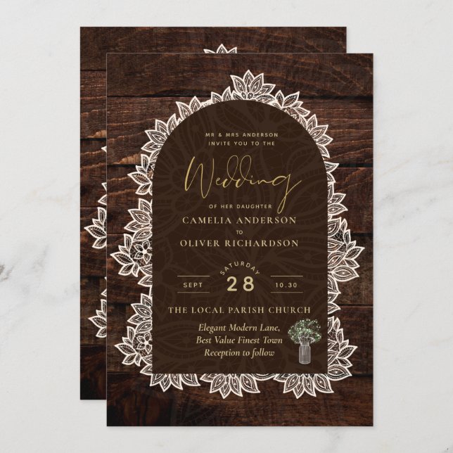 Rustic Backyard Woodland Wedding Wood Lace Invitation (Front/Back)