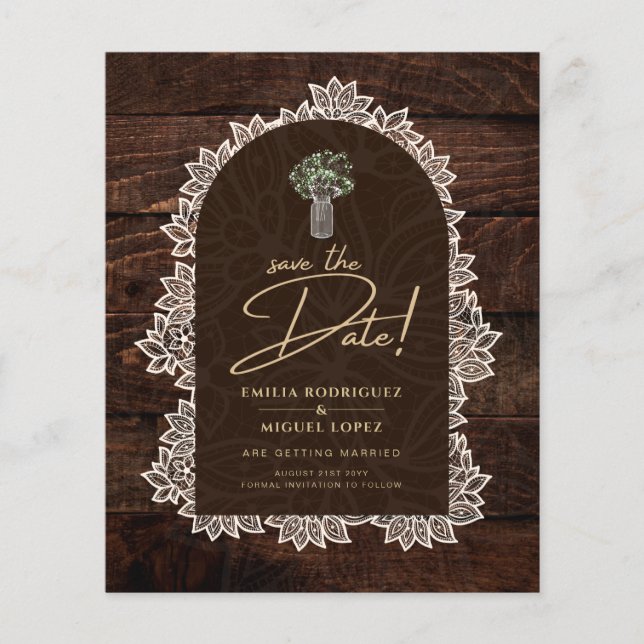 Rustic Backyard Woodland Wood Lace SAVE DATES Flyer (Front)