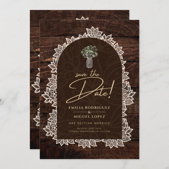 Rustic Backyard Woodland Wood Lace SAVE DATES Invitation (Front/Back)