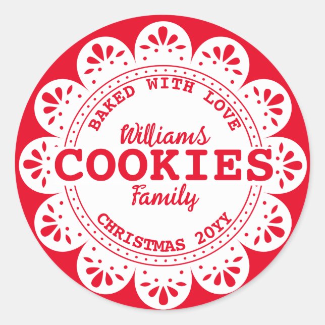 Rustic Baked with love Christmas Cookies Red White Classic Round Sticker (Front)