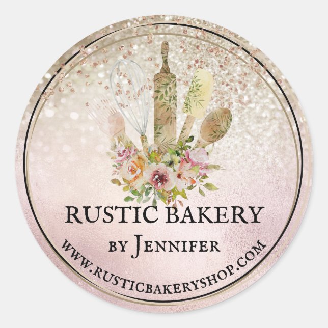 Rustic Bakery circle elegant cute bling gold Classic Round Sticker (Front)