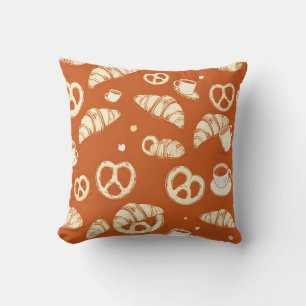 Rustic Bakery Croissants and Pretzels Hand-Drawn Cushion