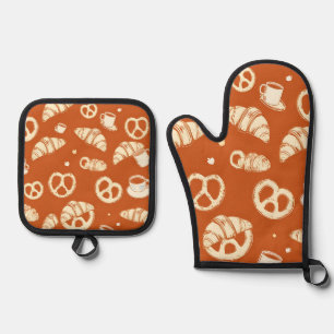 Rustic Bakery Croissants and Pretzels Hand-Drawn Oven Mitt & Pot Holder Set