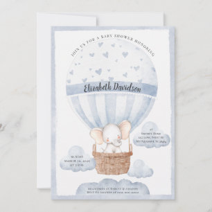 Rustic Balloon Elephant Boy Blue Baby Shower Invitation
