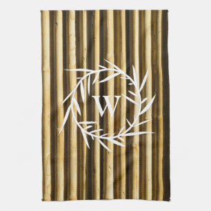 Rustic Bamboo Monogram Vertical Lines Pattern Tea Towel