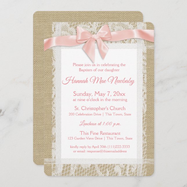 Rustic Baptism Invitation Burlap and Lace (Front/Back)