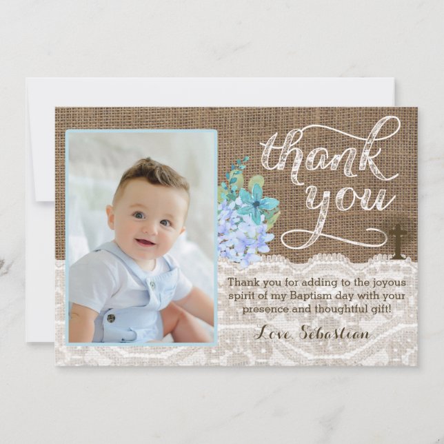 Rustic Baptism Photo Thank You For Boy, 7x5 Card (Front)