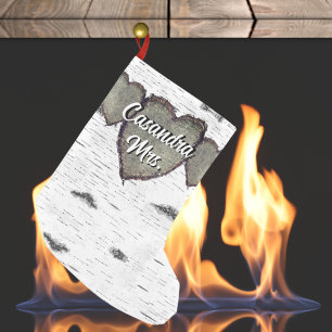 Rustic Bark Wood CarveHeart Greenery Brown Small Christmas Stocking