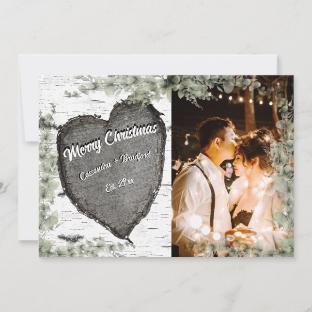 Rustic Bark Wood Heart Eucalyptus Greenery Holiday Card (Front)