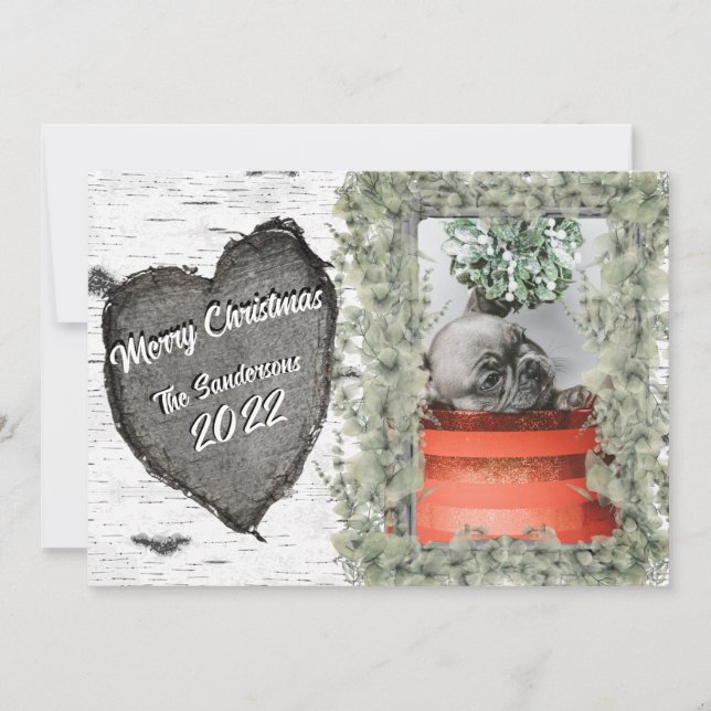 Rustic Bark Wood Heart  Family Photo Holiday Card (Front)