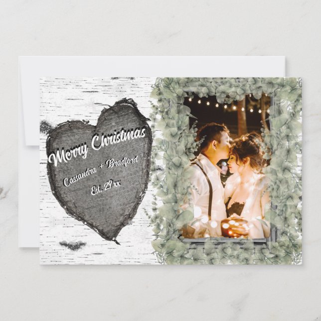 Rustic Bark Wood Heart  Family Photo Holiday Card (Front)