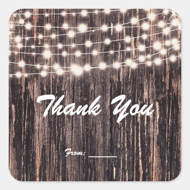 Rustic Bark Wood & String Lights Fall Favour Square Sticker (Front)