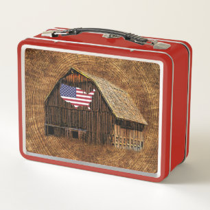 Rustic Barn American Flag Metal Lunch Box