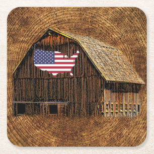 Rustic Barn American Flag Square Paper Coaster