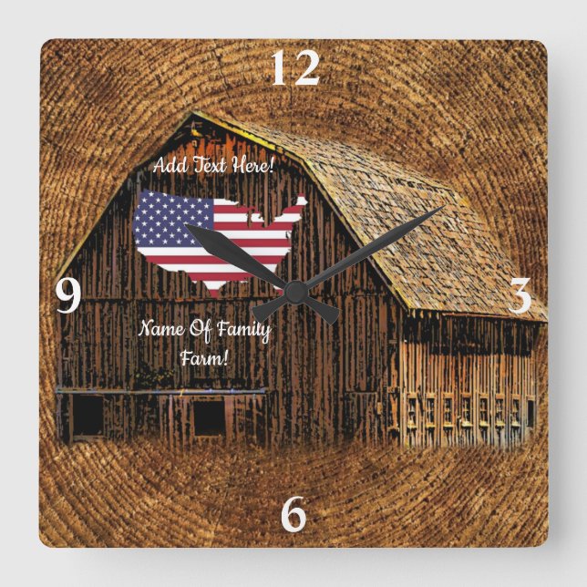 Rustic Barn American Flag Square Wall Clock (Front)