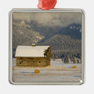 Rustic barn and hay bales after a fresh snow 2 metal tree decoration