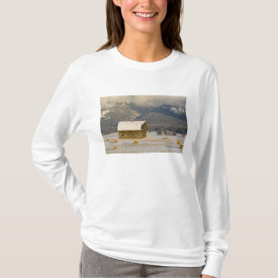 Rustic barn and hay bales after a fresh snow 2 T-Shirt