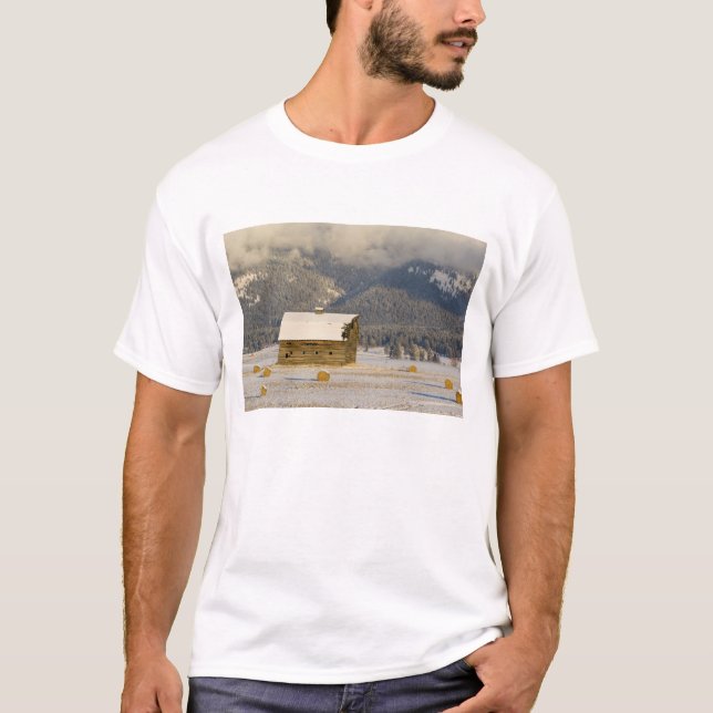 Rustic barn and hay bales after a fresh snow 2 T-Shirt (Front)